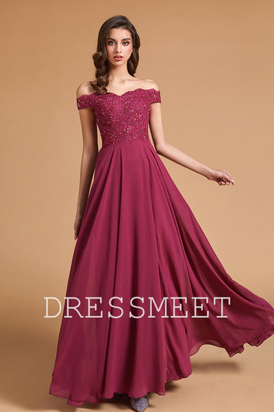 Elegant Off the Shoulder Wine Chiffon Long Bridesmaid Dress with Slit DMBD082704