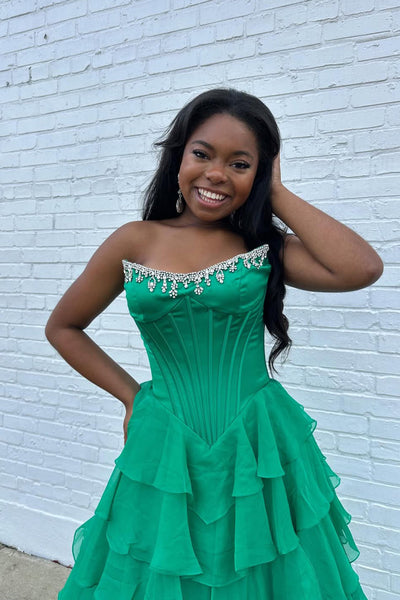 Gorgeous A Line Scoop Neck Green Chiffon Prom Dress with Beading DM52120307