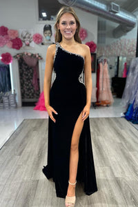 Black Velvet One Shoulder Long Prom Dress with Slit MD112602