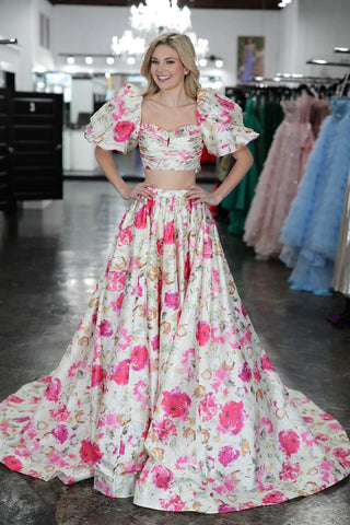 Two Piece Sweetheart Floral Printed Long Prom Dress MD4022002
