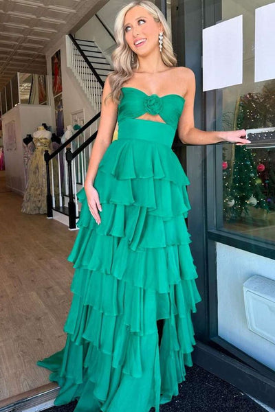 Cute A Line Sweetheart Green Tiered Chiffon Prom Dress DM25012903