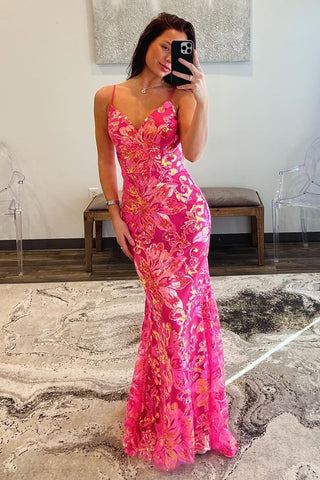 Cute V Neck pINK Sequins Mermaid Long Prom Dress MD4032701