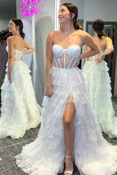 White Strapless Glitter RuffleTulle Long Prom Dresses MD4011405