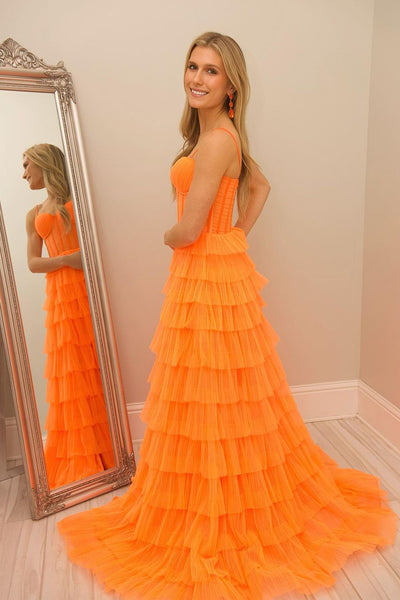 A-Line Sweetheart Orange Ruffle Tiered Tulle Long Prom Dresses MD4022104