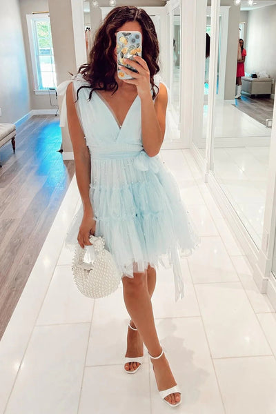 Light Blue A-Line Tulle Tiered Short Homecoming Dress with Pearls LD3062402