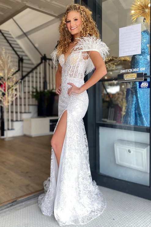 knee length dresses for ladies Elegant Off Shoulder White Lace Tulle Long Prom Dress with High Slit, –  abcprom main image 0