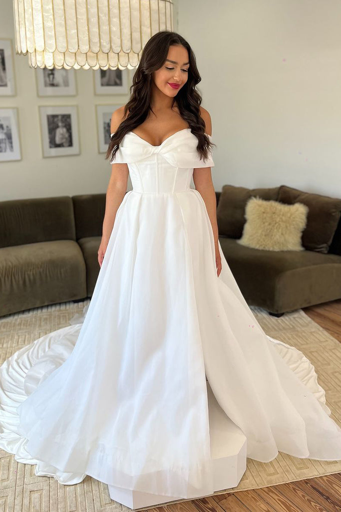 Off the Shoulder White Satin Wedding Dresses with Bow MD4062311 – Dressmeet