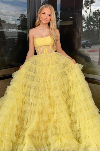 A-Line Yellow Strapless Ruffle Tiered Long Prom Dresses MD4030604