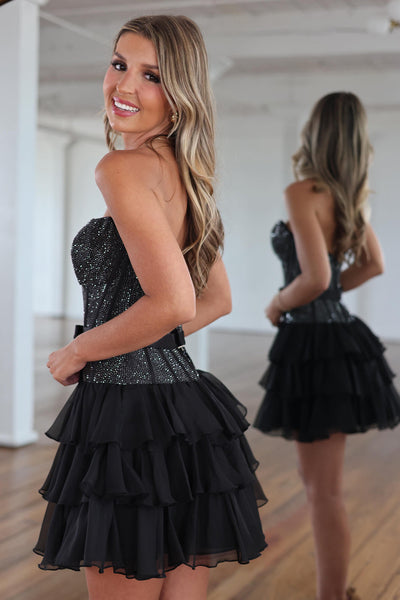 A Line Strapless Black Satin Short Homecoming Dress DM12063009