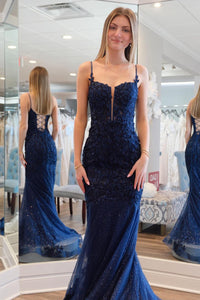 Glitter Mermaid Navy Blue Sequins Long Prom Dress with Appliques MD4041201