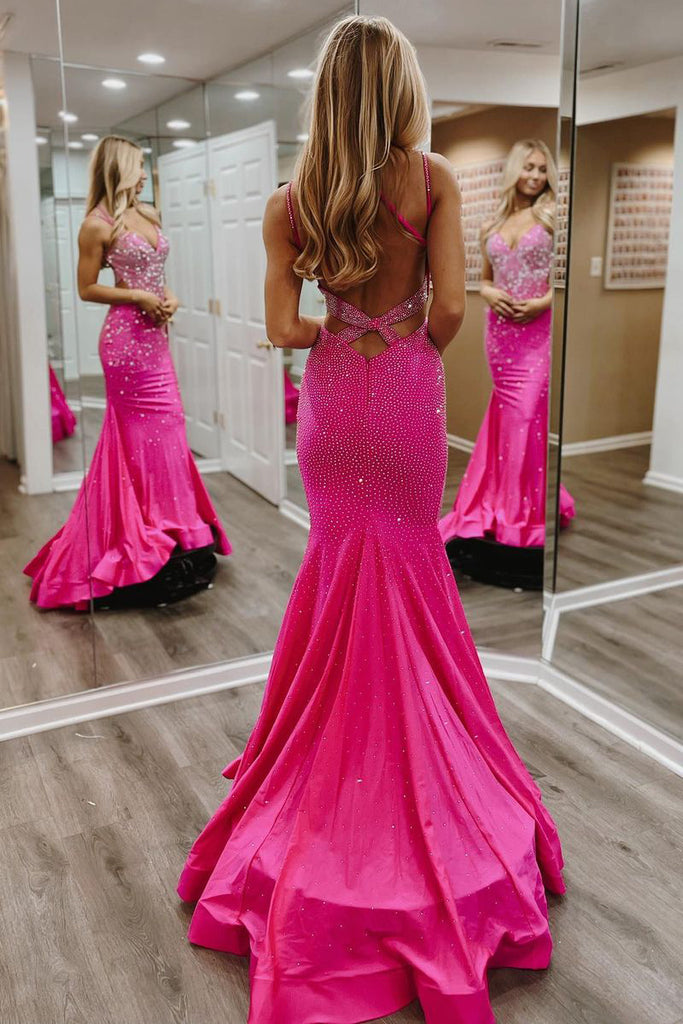 Hot Pink V Neck Satin Mermaid Long Prom Dresses with Beaded MD120902 Dressmeet Hot Pink V Neck Satin Mermaid Long Prom Dresses with Beaded MD120902 Dressmeet