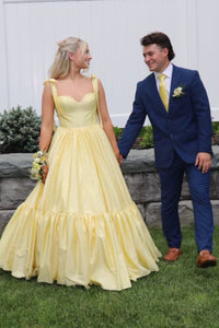 Cute A-Line Sweetheart Daffodil Satin Long Prom Dresses with Bow MD4062301