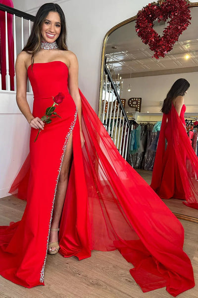 Mermaid Strapless Red Long Prom Dress with Slit DM3082823