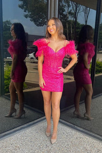 Hot Pink Off the Shoulder Sequin Short Homecoming Dresses with Feather MD090904