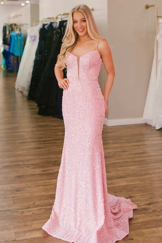 Pink Sequin Split Neck Mermaid Long Prom Dress MD092610