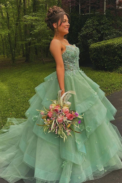 Cute Ball Gown Sweetheart Sage Green Tulle Long Prom Dresses with Appliques DM24101503