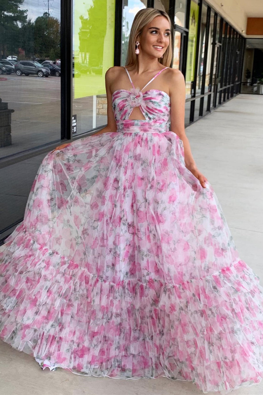 Pink Floral Print A-Line Halter Keyhole Long Prom Dresses MD121610