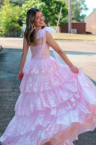 Fairy A Line V Neck Pink Tulle Prom Dresses with Appliques DM24101505