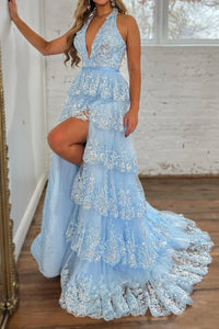 Sparkly Light Blue Halter Backless Lace Tiered Long Prom Dress with Slit MD122701