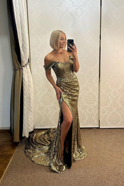 Charming Mermaid Off the Shoulder Gold Sequins Long Prom Dress with Slit DM3083109