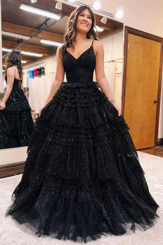 Straps Black V-Neck Pleasted Tiered Long Prom Dress MD110310