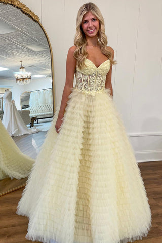 Yellow Appliques Sweetheart Ruffle Tiered A-Line Prom Dress MD112006