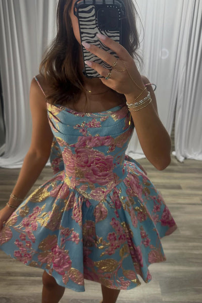 A Line Spaghetti Straps Jacquard Satin Homecoming Dress DM12062813