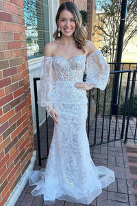 White Sequin Lace Strapless Long Formal Dress with Balloon Sleeves MD112802