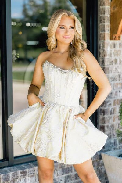 A Line Strapless Jacquard Satin Homecoming Dress with Pockets DM12062806