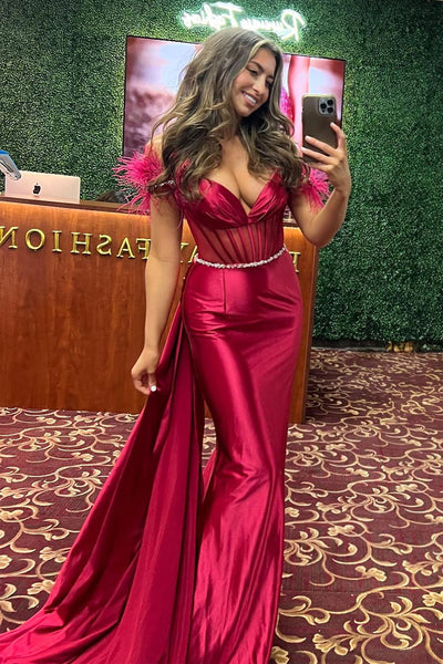 Dark Red Off the Shoulder Satin Long Prom Dress with Feather MD4011002