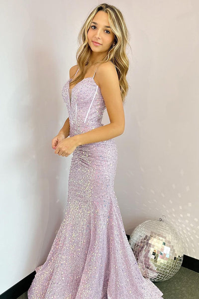 Mermaid Spaghetti Straps Lilac Sequins Long Prom Dresses MD4011702