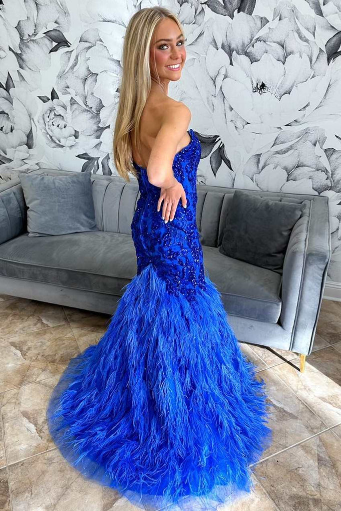 Royal Blue Feathers Beaded Strapless Trumpet Long Formal Gown MD093006 Dressmeet Royal Blue Feathers Beaded Strapless Trumpet Long Formal Gown MD093006 Dressmeet