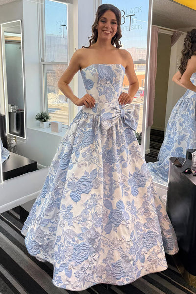 Gorgeous Ball Gown Strapless Blue Jacquard Satin Prom Dress with Bow DM3213906