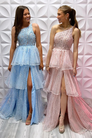 One-Shoulder Lace A-Line Tiered Long Prom Dress with Slit MD103004