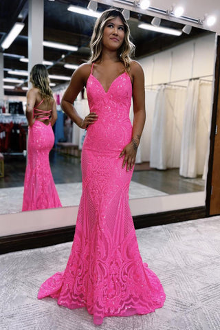 Gorgeous Mermaid V Neck Pink Sequins Long Prom Dresses DM091101