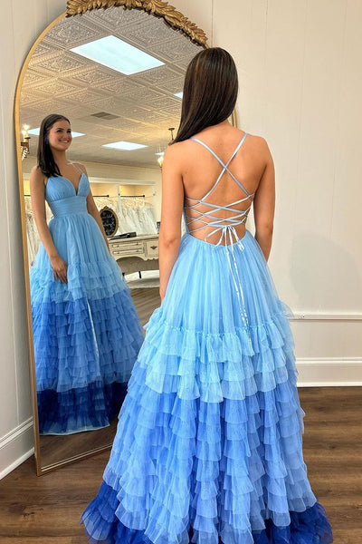 Blue V Neck Ruffle Tulle Long Prom Dress with Slit MD4030904