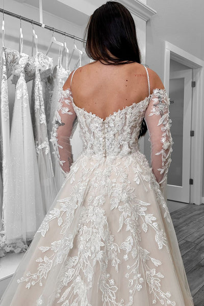 Dazzling A-Line Cold Shoulder Lace Wedding Dress with Appliques DM4070709