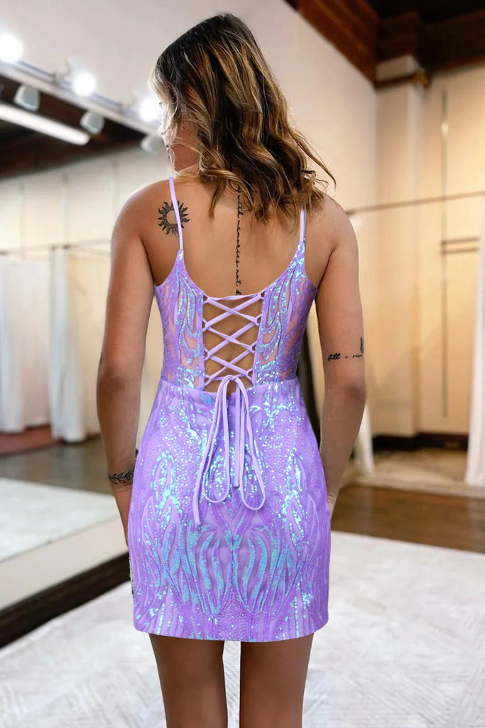 Sparkly Lilac Sequins Lace-Up Back Tight Short Homecoming Dress MD0903018 Dressmeet Sparkly Lilac Sequins Lace-Up Back Tight Short Homecoming Dress MD0903018 Dressmeet