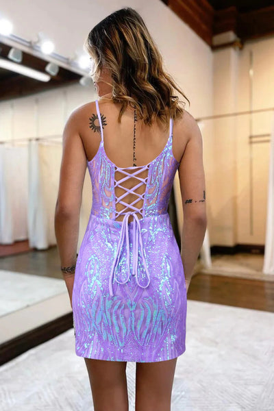 Sparkly Lilac Sequins Lace-Up Back Tight Short Homecoming Dress MD0903018