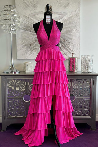 Sparkly A Line V Neck Fuchsia Beading Prom Dress with Slit DM241810