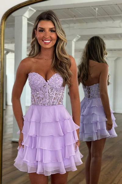 A Line Sweetheart Light Blue Chiffon Tiered Homecoming Dress DM072101
