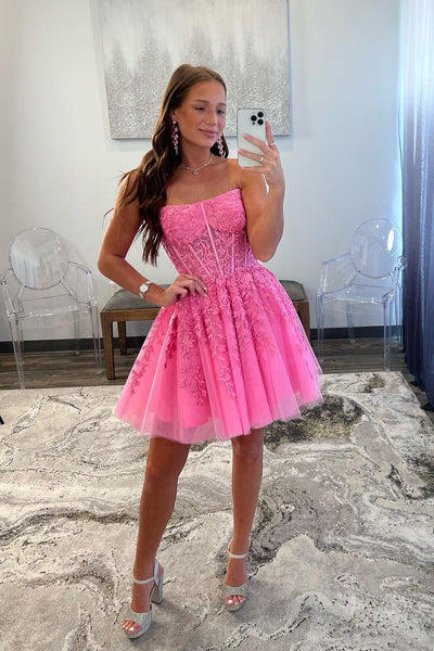 Cute A Line Strapless Hot Pink Tulle Short Homecoming Dress with Appliques MD083005