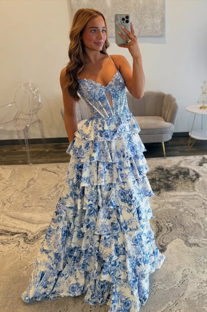 Gorgeous A Line V Neck Blue Flower Print Satin Prom Dress with Beading DM1111201