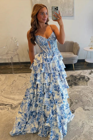 Gorgeous A Line V Neck Blue Flower Print Satin Prom Dress with Beading DM1111201