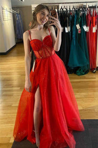 Glitter Red Straos Beaded A-Line Formal Dress with Slit MD121707