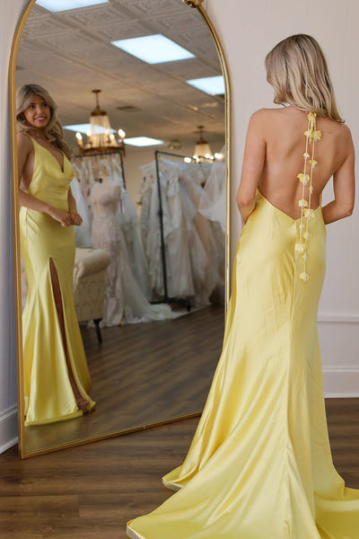 Chic Mermaid Cowl Neck Daffodil Silk Satin Long Prom Dress DM26011208