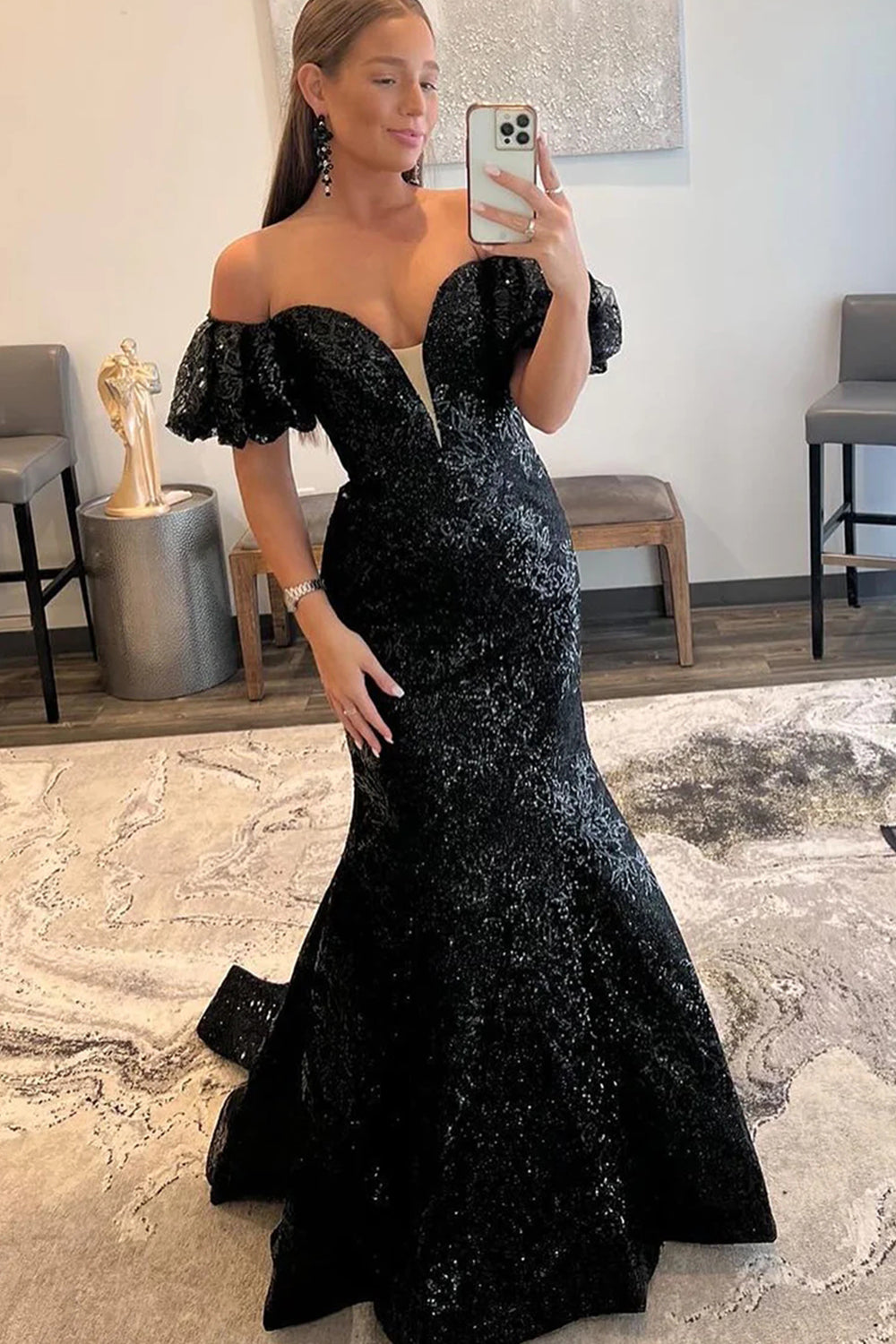black sequin off the shoulder prom dress Black Sequin Off The Shoulder Prom Dress A Line Lace Tiered Stunning Prom Dress Evening Dress