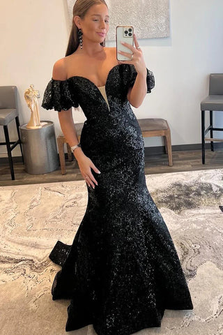 Sparkly Black Sequin Off the Shoulder Long Prom Dress MD110603