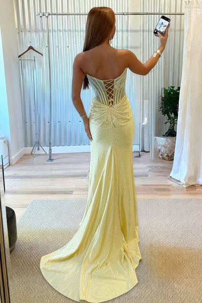 Sparkly Mermaid Scoop Neck Hot Fix Satin Prom Dress with Slit DM1613805