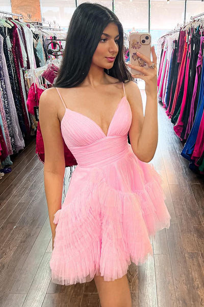 Cute A Line V Neck Pink Tulle Short Homecoming Dresses MD0802802